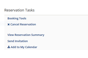 Screenshot of the "Reservation Tasks" side menu on the Reservation 