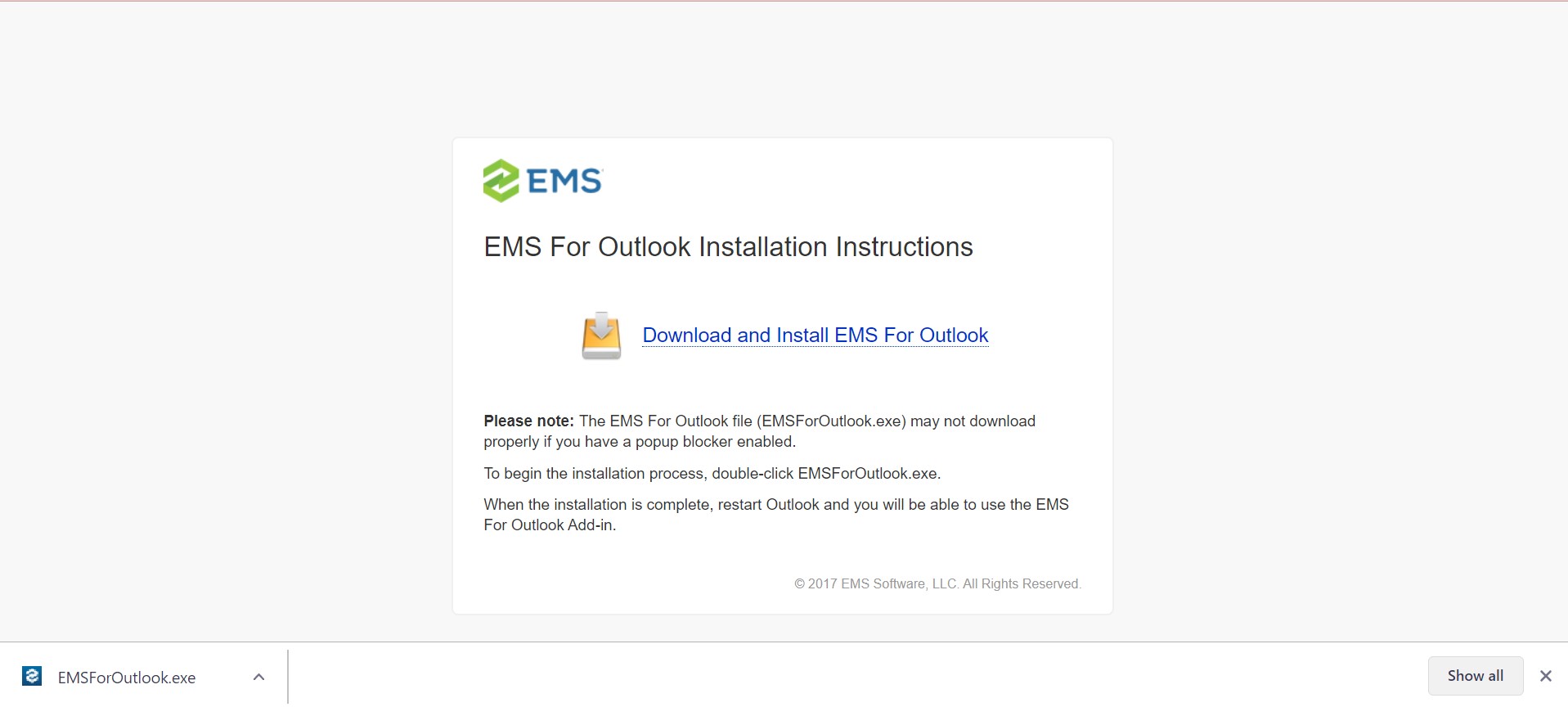 Webpage for EMS For Outlook download link